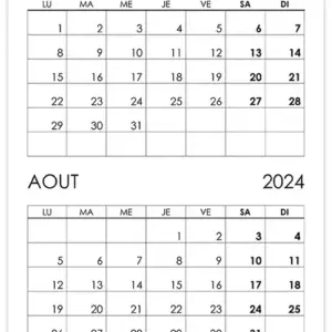Calendrier juillet, août 2024