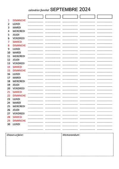 Calendario per organizzazione familiare Settembre