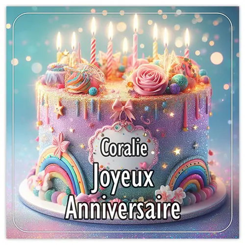 Joyeux anniversaire Coralie avec un gâteau mousseux avec des bougies