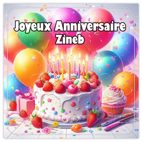 Joyeux Anniversaire Zineb avec gรขteau et ballons