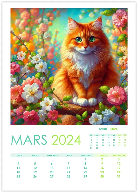 Calendrier mars 2024 avec une photo d'un chat