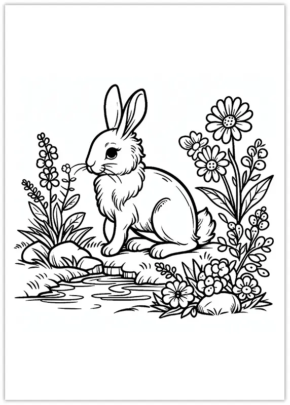 Coloriage d'un lièvre avec des fleurs