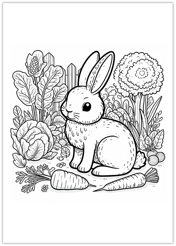 Coloriage d'un lièvre dans le jardin