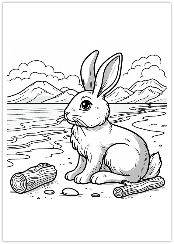 Coloriage d'un lièvre sur fond de montagnes