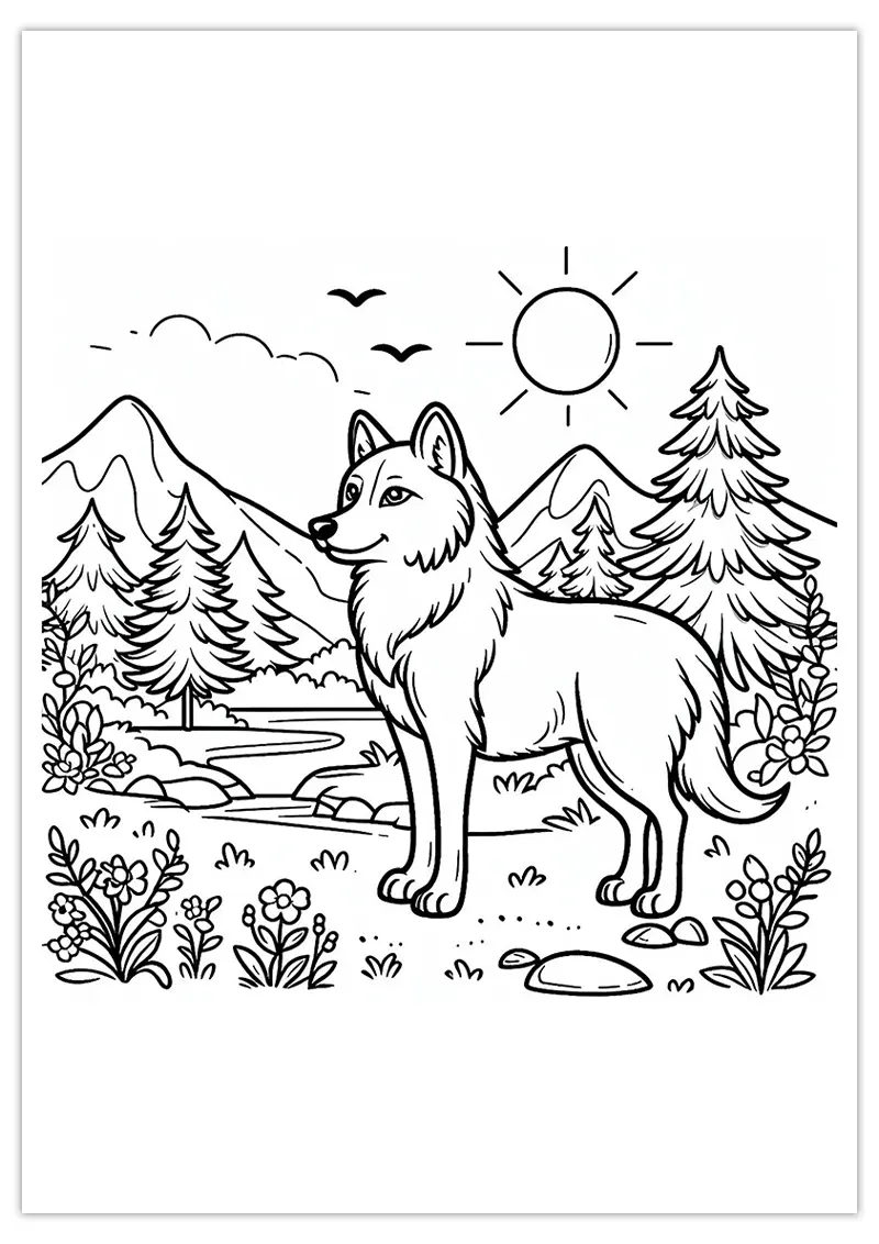 Coloriage loup, montagnes, arbres