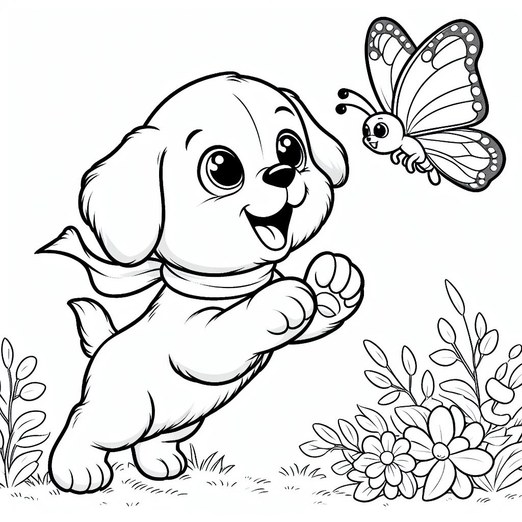 Bébé chien sautant sur un papillon