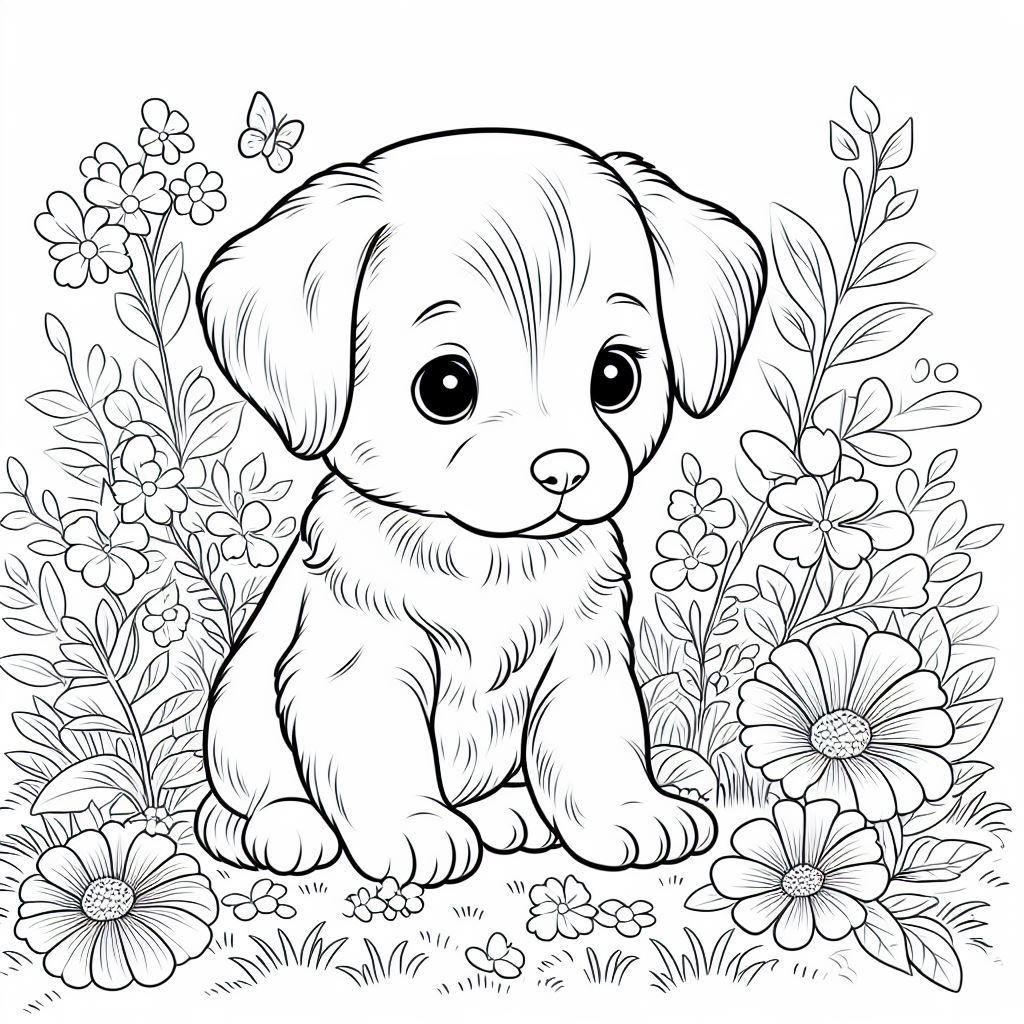 Bébé chien dans une clairière fleurie