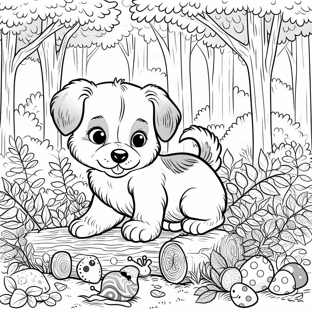 Bébé chien dans la forêt regardant un escargot
