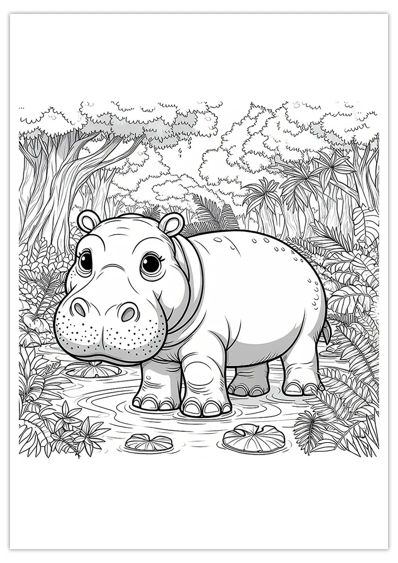 Coloriage Hippopotame dans la jungle