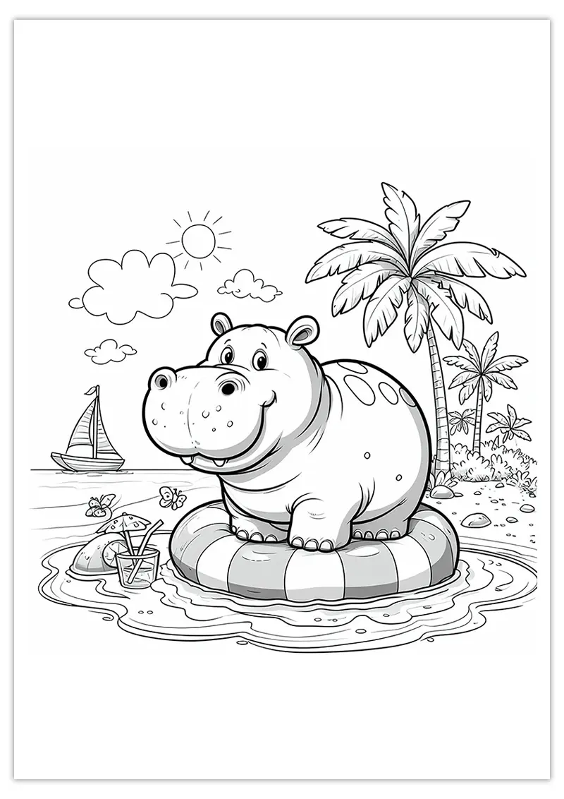 Coloriage Hippopotame en vacances