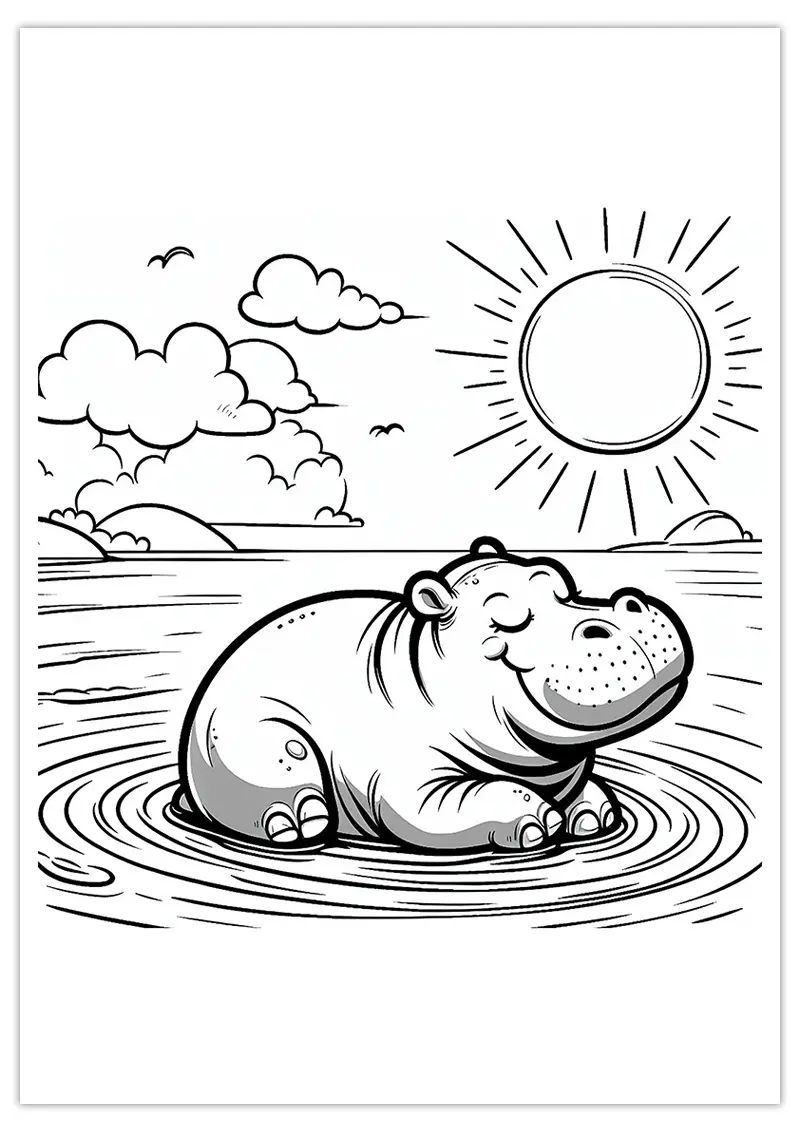 Coloriage Hippopotame se prélassant au soleil