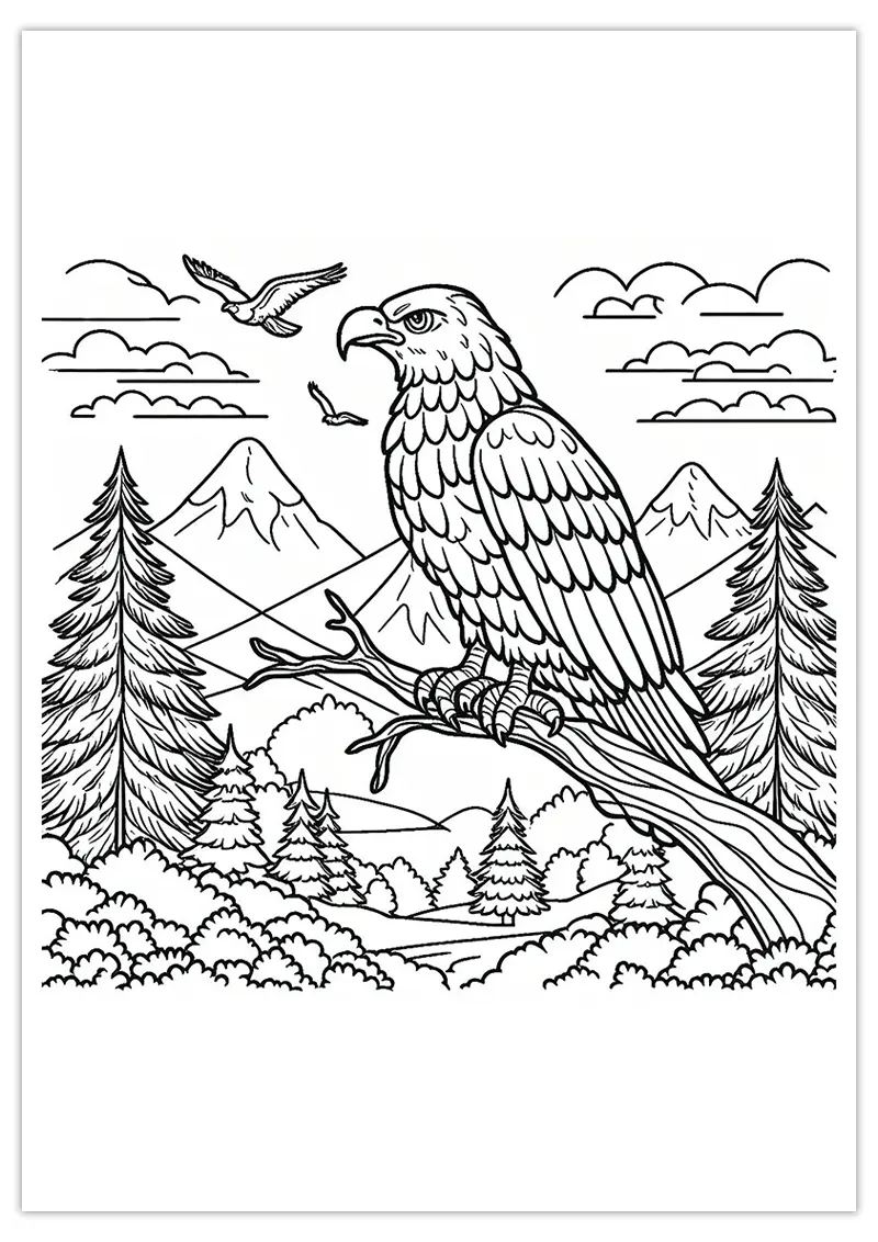 Coloriage d'un aigle sur fond de montagnes