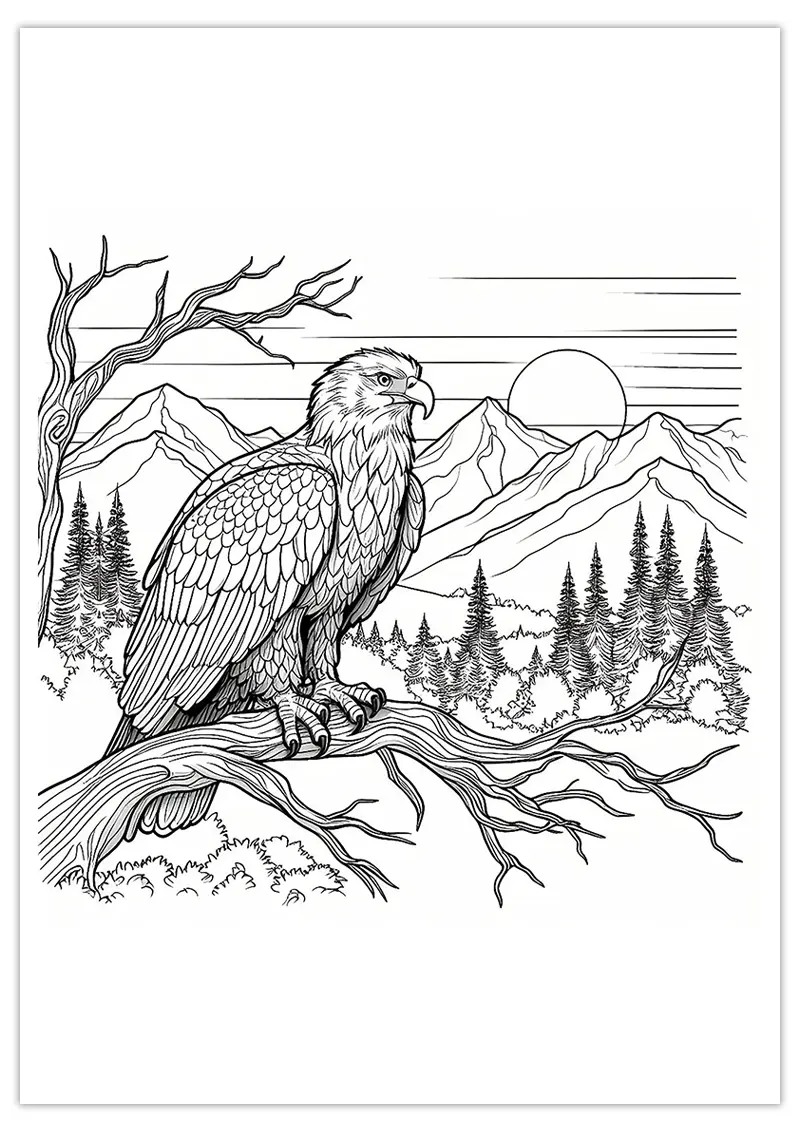 Coloriage d'un aigle sur un arbre