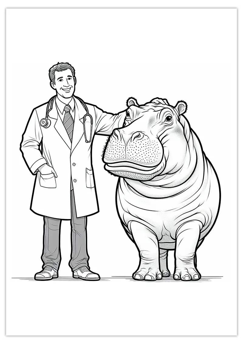 Coloriage hippopotame avec vétérinaire