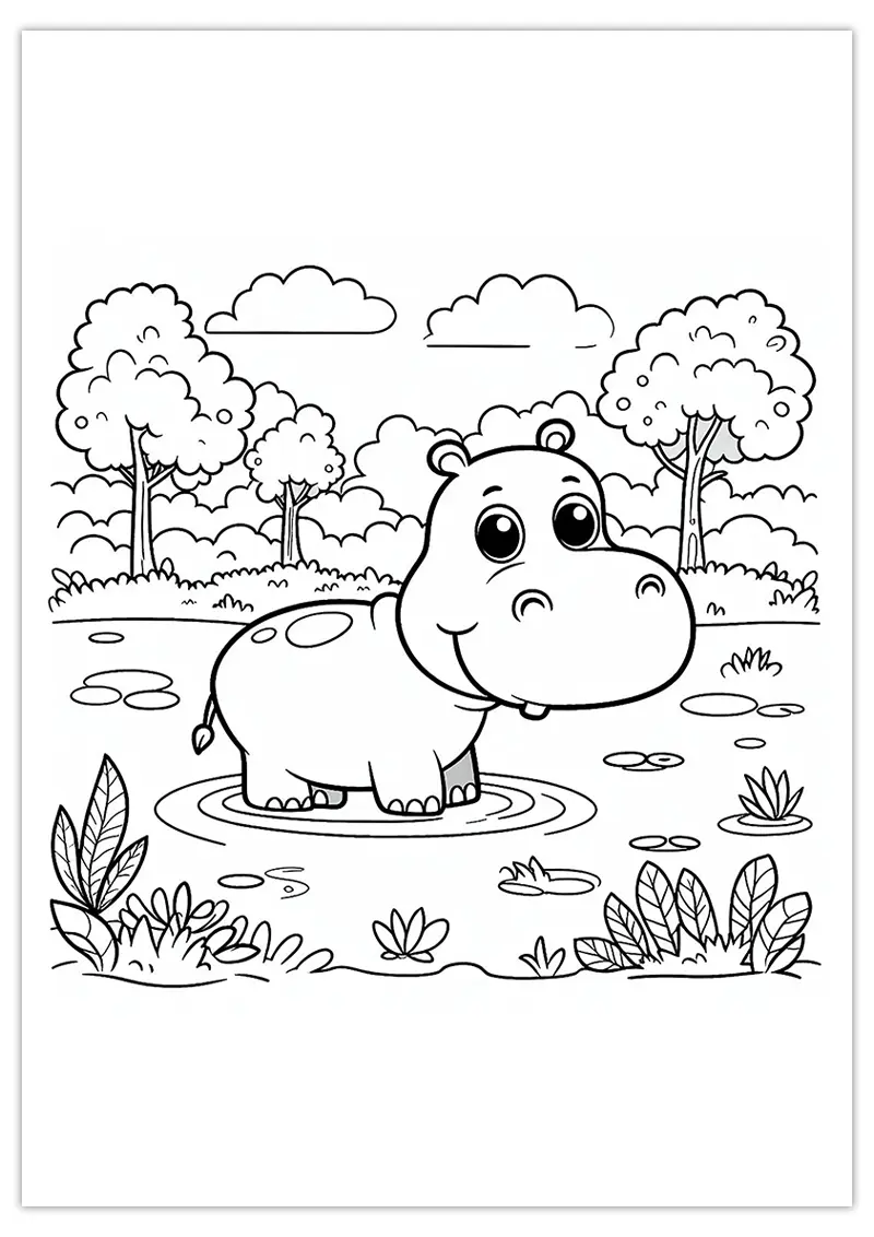 Coloriage hippopotame dans le marais