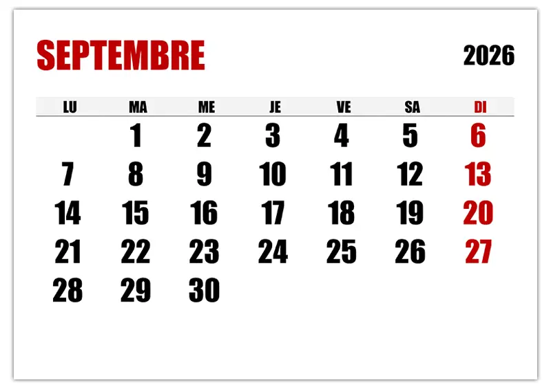 Calendrier Septembre 2026 Calendrier su Calendrier Septembre 2026 Calendrier su