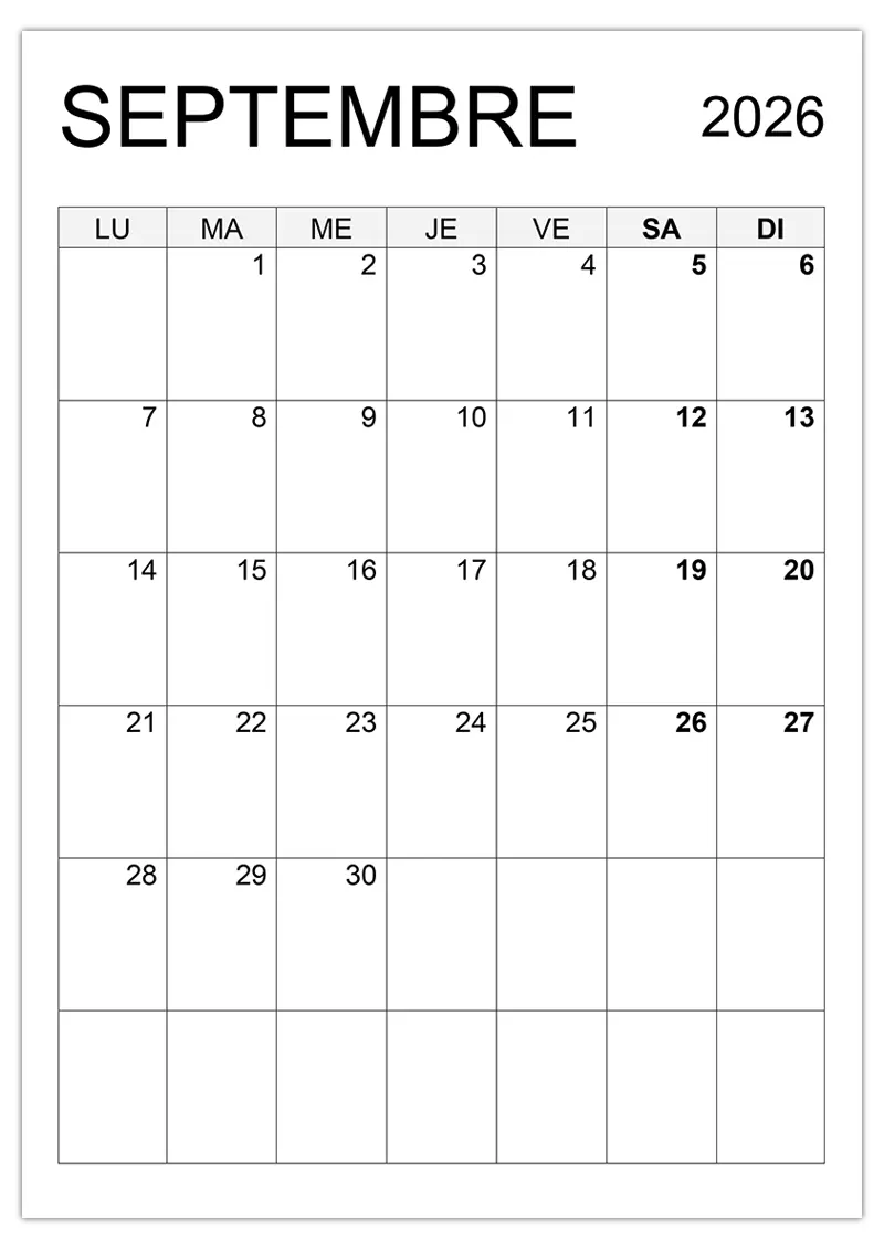 Calendrier Septembre 2026 Calendrier su Calendrier Septembre 2026 Calendrier su
