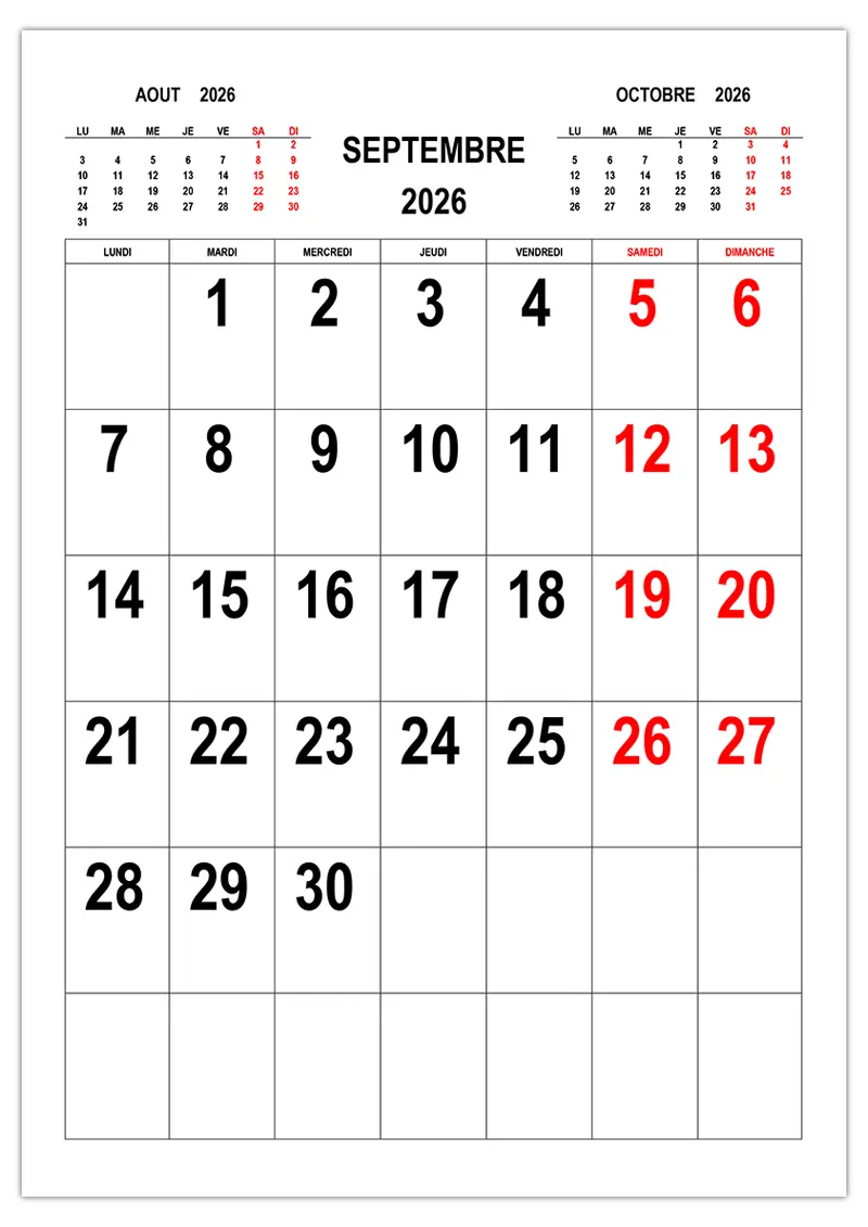 Calendrier Septembre 2026 Calendrier su Calendrier Septembre 2026 Calendrier su