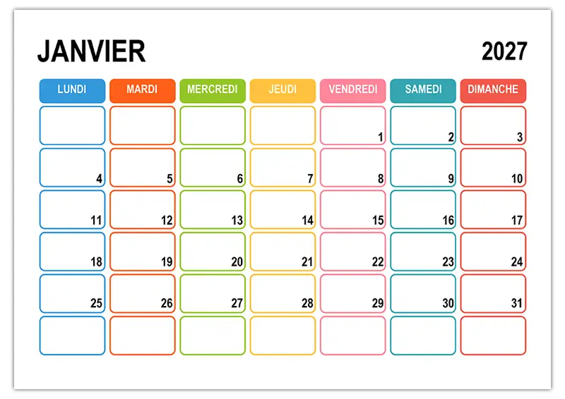 Calendrier Janvier 2027 Calendrier su