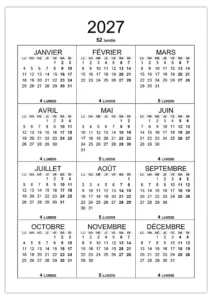 Combien de lundis en 2027