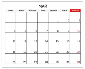 Calendrier mai 2026 gratuit excel