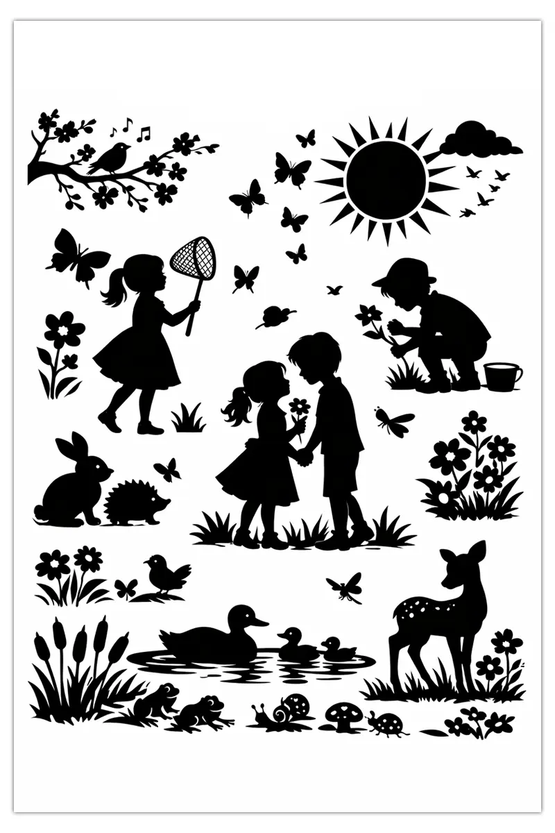 Silhouettes théâtre d’ombres printemps à découper